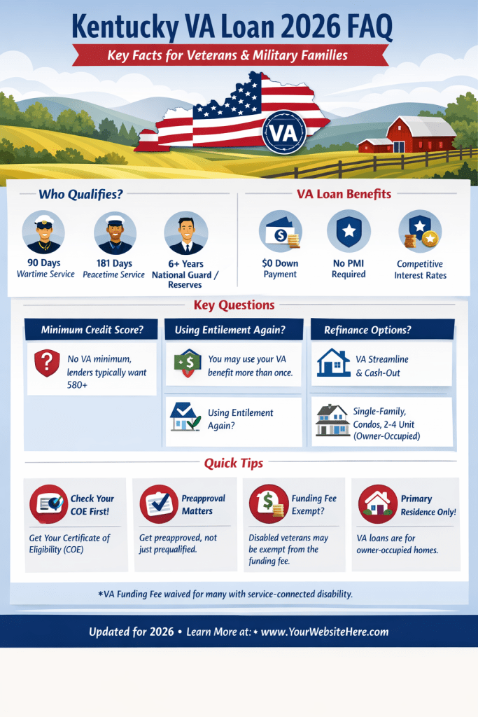 Answers to the most common Kentucky VA loan questions in 2026. Learn who qualifies, credit score rules, entitlement, funding fees, rates, and how to use your VA home loan benefit in Kentucky