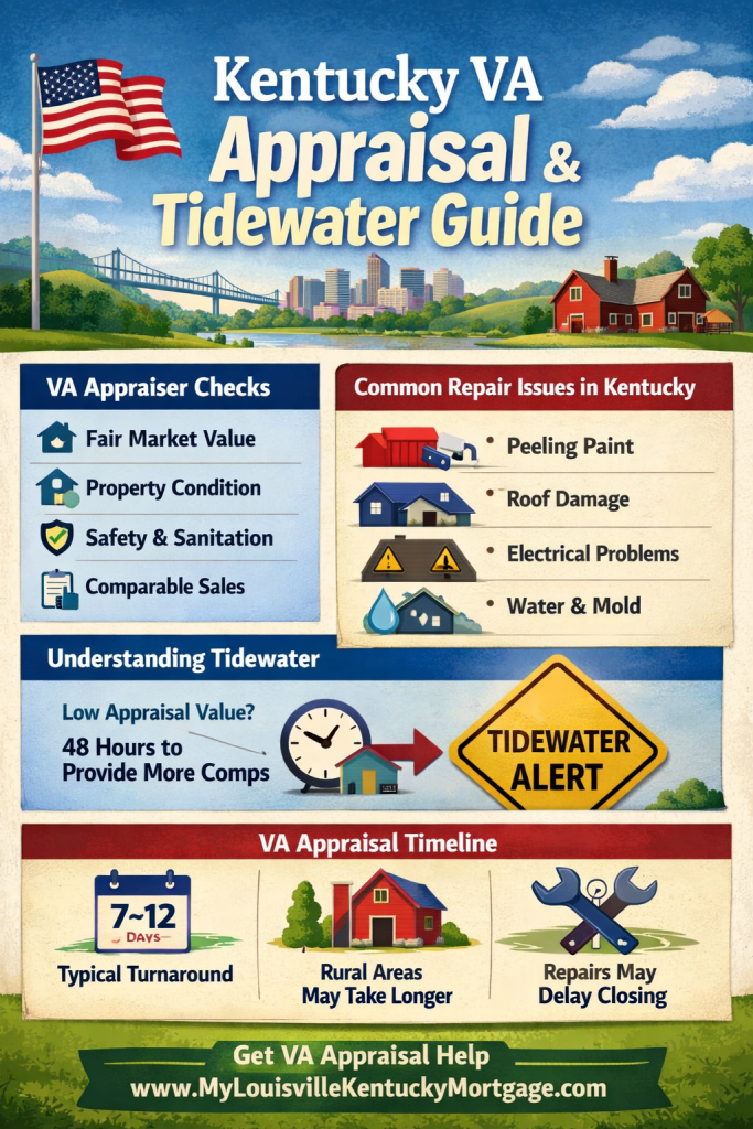 Kentucky VA appraisal and Tidewater guide infographic showing VA appraiser checks, common Kentucky repair issues, Tidewater 48-hour process, and VA appraisal timeline for Kentucky homebuyers