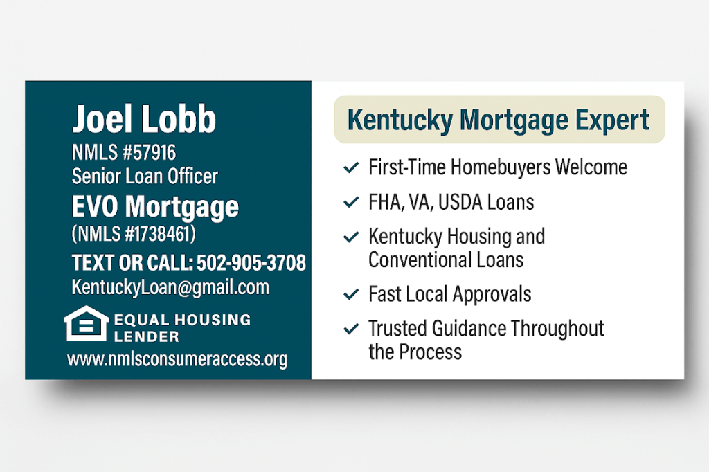 Joel Lobb, Senior Loan Officer at EVO Mortgage, featuring contact information and mortgage services offered.